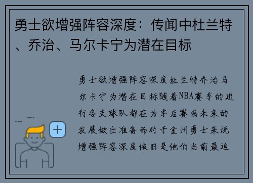 勇士欲增强阵容深度：传闻中杜兰特、乔治、马尔卡宁为潜在目标