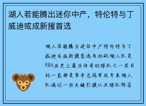 湖人若能腾出迷你中产，特伦特与丁威迪或成新援首选