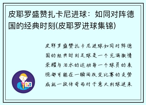 皮耶罗盛赞扎卡尼进球：如同对阵德国的经典时刻(皮耶罗进球集锦)